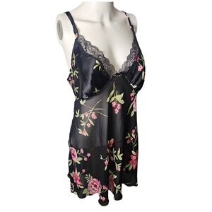 VTG‎ M Babydoll Camisole Top Black Dark Floral Sheer Lace Y2K Dark Romantic